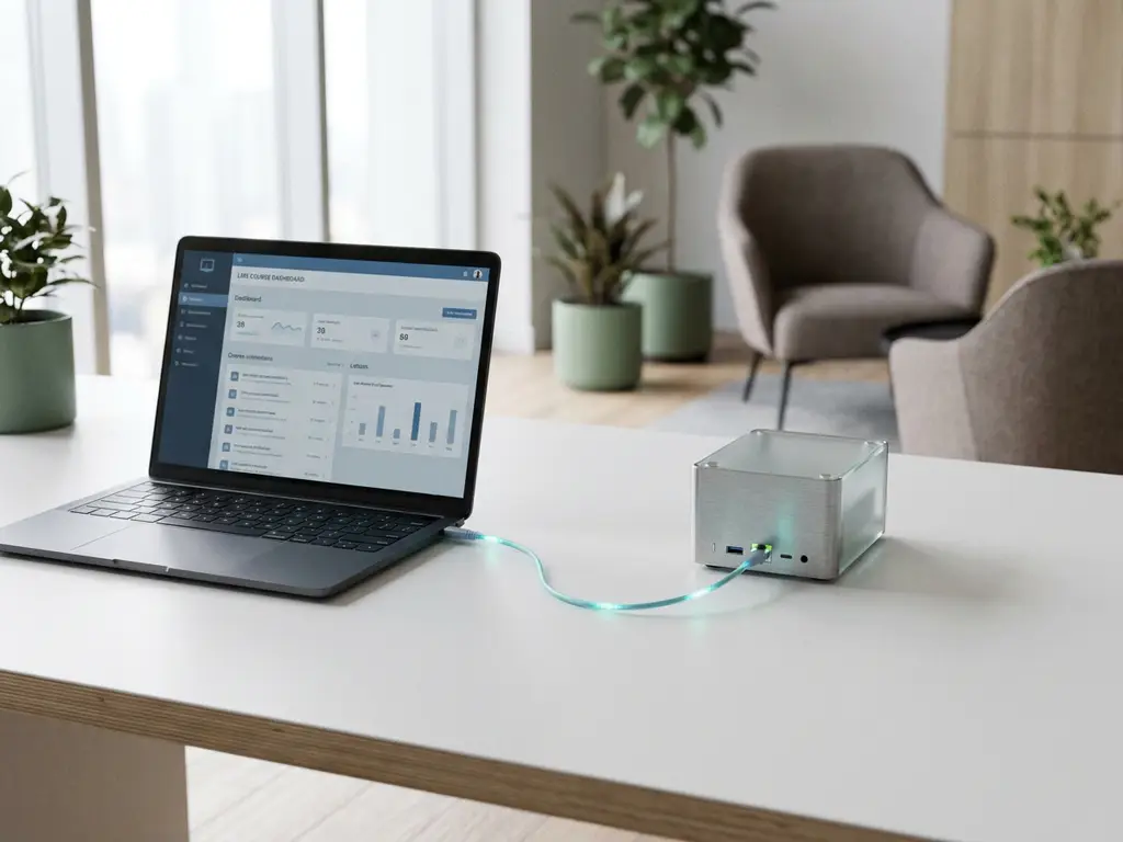 Laptop mit LMS-Kurs-Dashboard per Ethernet-Kabel mit Server verbunden, Datenlicht-Pulse, modernes Büro.