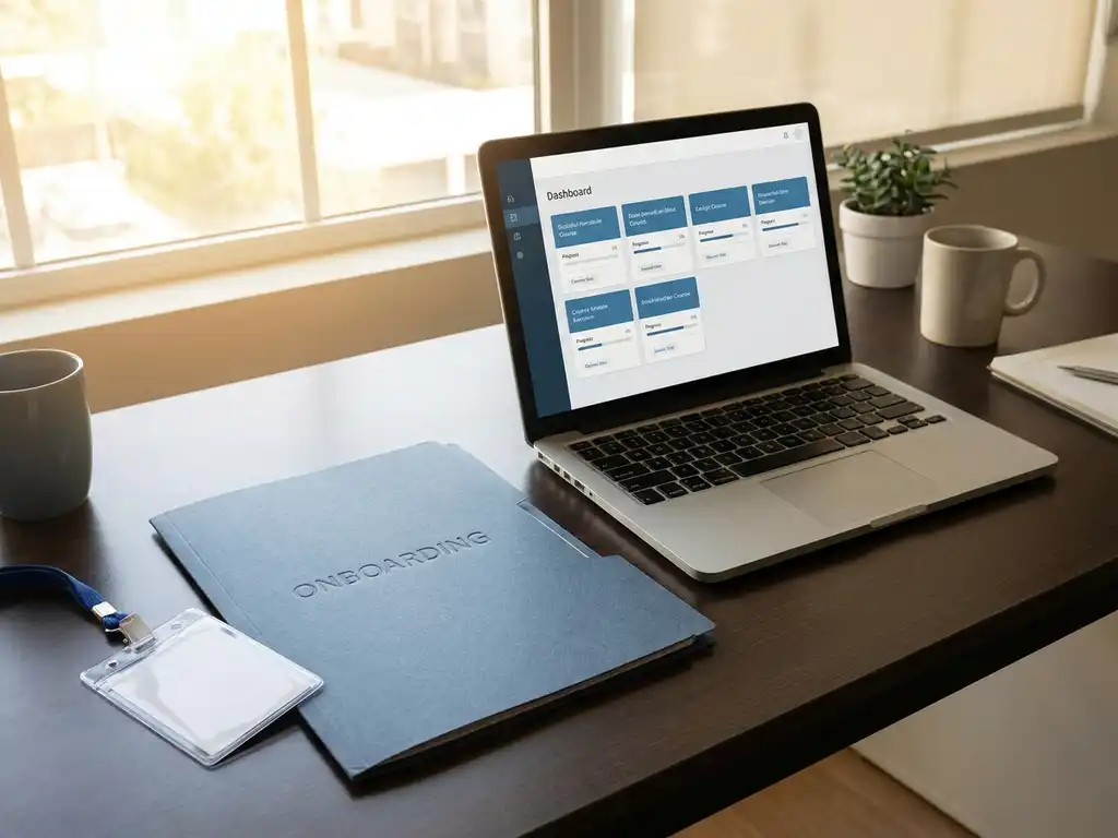Neues Mitarbeiter-Badge und Onboarding-Mappe auf einem Schreibtisch neben einem Laptop mit strukturiertem Lern-Dashboard.