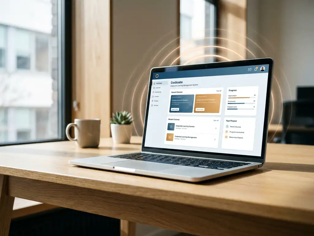Laptop auf modernem Schreibtisch zeigt ein E-Learning-Dashboard mit Benachrichtigungssymbolen, sanftes blaues und bernsteinfarbenes Licht.