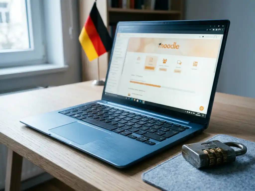 Laptop mit Moodle-Lernplattform auf modernem Schreibtisch, Kombinationsschloss daneben als Symbol für Datenschutz, deutsche Flagge im Hintergrund.