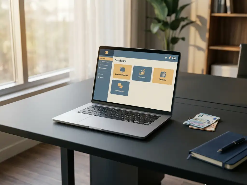 Laptop mit E-Learning-Dashboard auf modernem Büroschreibtisch, daneben Euroscheine und Notizblock im warmen Seitenlicht.