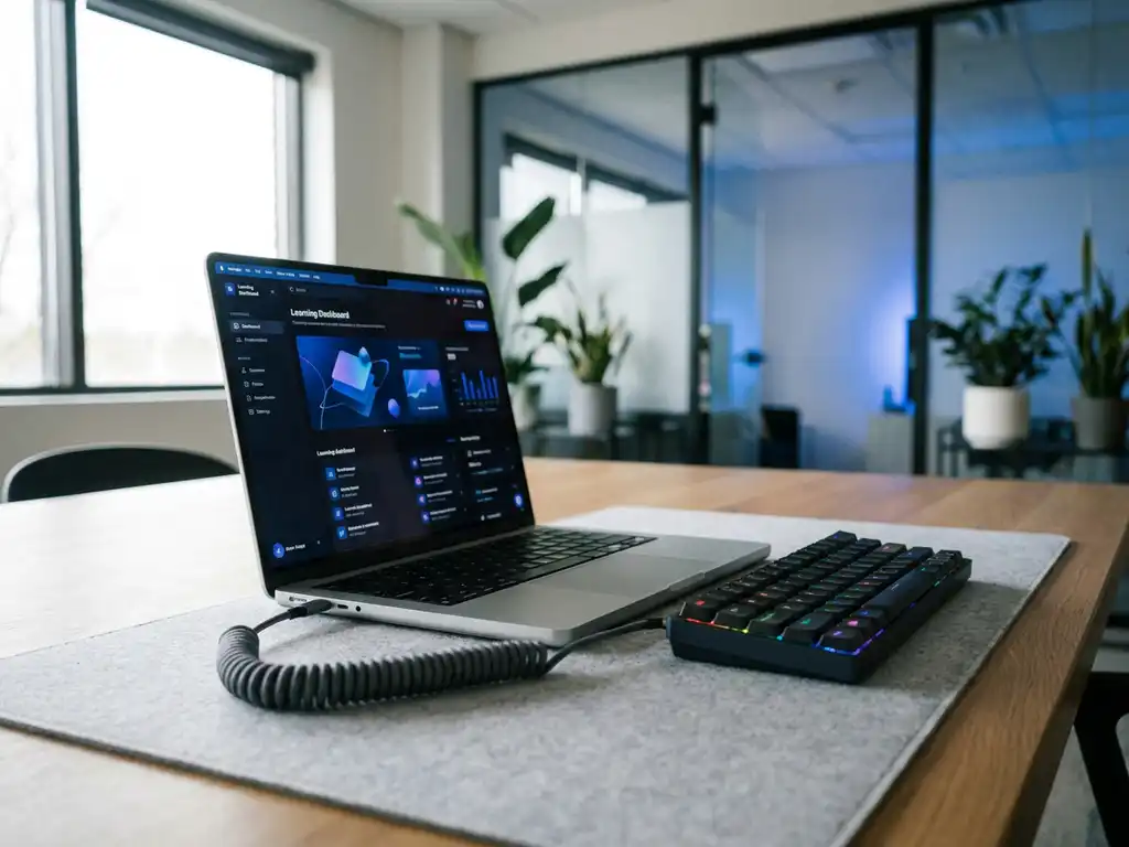 Laptop mit Moodle-Lernplattform und Microsoft-365-Tastatur auf modernem Büroschreibtisch, verbunden durch ein Kabel, natürliches Fensterlicht.