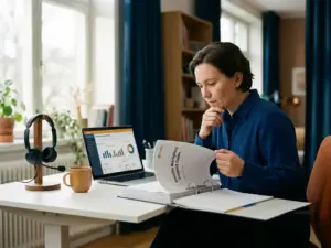 Administrator studiert Moodle-Workplace-Supportdokumentation am modernen Schreibtisch mit Laptop-Dashboard und Headset.