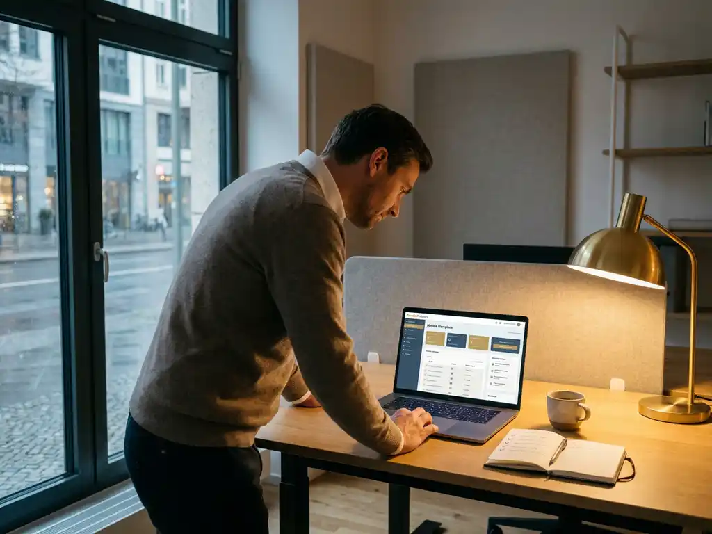 Fachkraft prüft Moodle Workplace auf einem Laptop im modernen Büro, Notizbuch und Kaffeetasse auf dem Schreibtisch, warmes Lampenlicht.