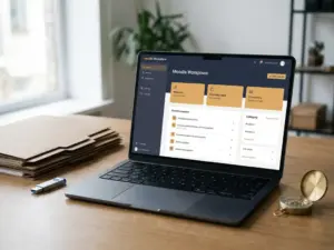 Laptop mit Moodle-Workplace-Dashboard auf Schreibtisch, flankiert von Ordnern, USB-Stick und Kompass, in gedämpften Marine- und Bernsteintönen.