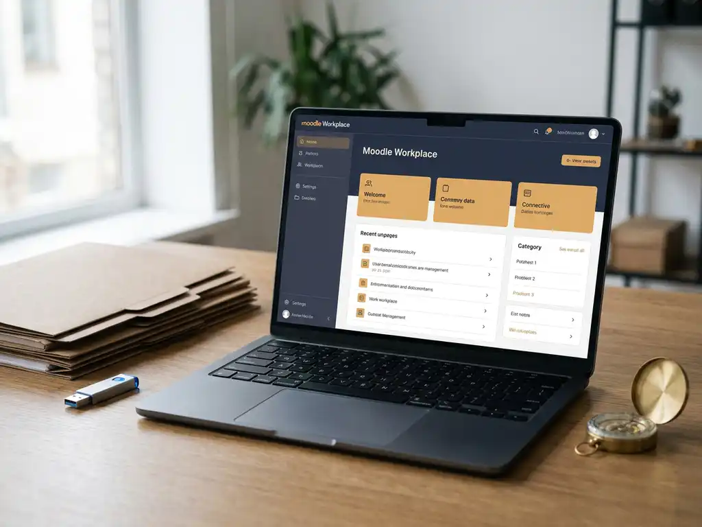 Laptop mit Moodle-Workplace-Dashboard auf Schreibtisch, flankiert von Ordnern, USB-Stick und Kompass, in gedämpften Marine- und Bernsteintönen.