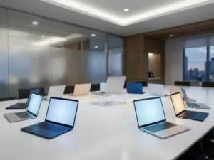 Laptops im Halbkreis auf weißem Konferenztisch verbunden durch Kabel, zentrales Gerät als Hub, moderner deutscher Arbeitsplatz.