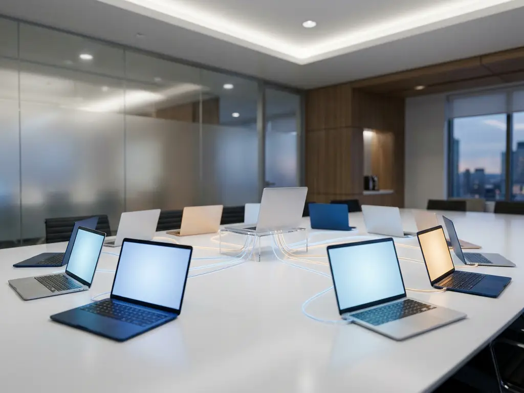 Laptops im Halbkreis auf weißem Konferenztisch verbunden durch Kabel, zentrales Gerät als Hub, moderner deutscher Arbeitsplatz.