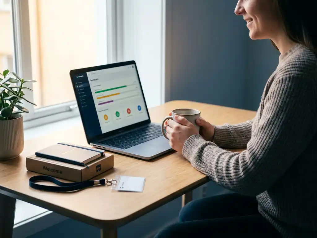 Neue Mitarbeiterin am modernen Schreibtisch mit Kaffeetasse, geöffnetem Laptop mit Lern-Dashboard und Willkommenspaket im warmen Tageslicht.