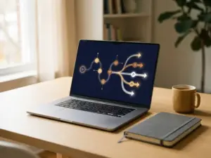 Leuchtender Lernpfad mit personalisierten Verzweigungen auf einem Laptop, umgeben von Notizbuch und Kaffeetasse auf modernem Schreibtisch.