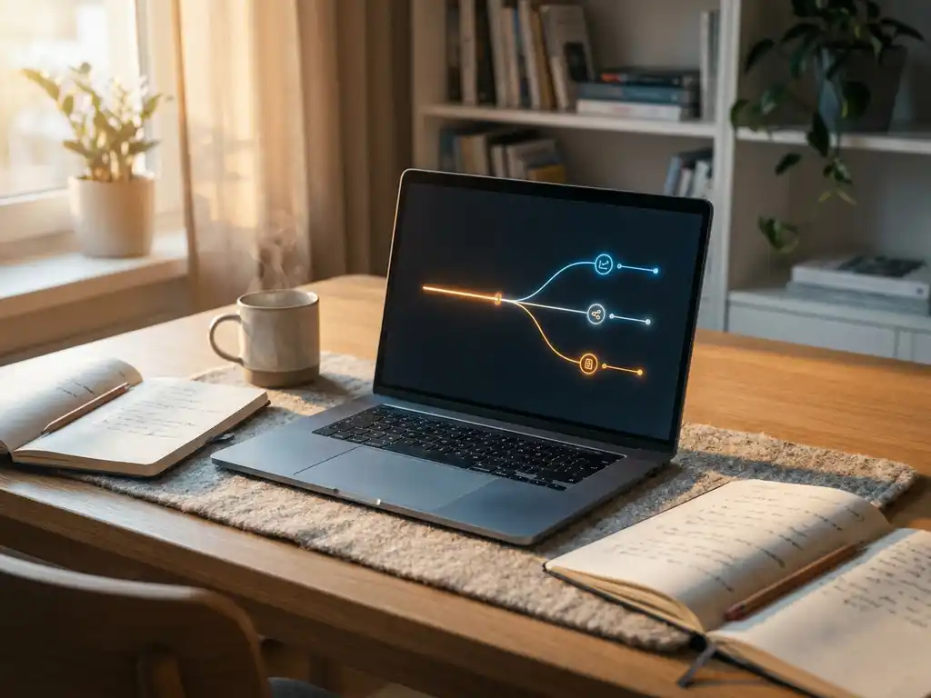 Leuchtender Lernpfad auf Laptop-Bildschirm, umgeben von Notizbüchern und Kaffeetasse auf modernem Schreibtisch im Morgenlicht.