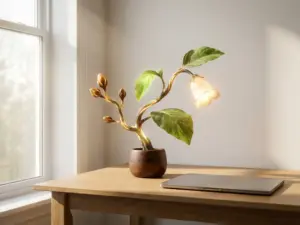 Leuchtende Pflanze mit verzweigten Wachstumspfaden auf modernem Holzschreibtisch neben Laptop, warmes Morgenlicht, grüne und goldene Töne.