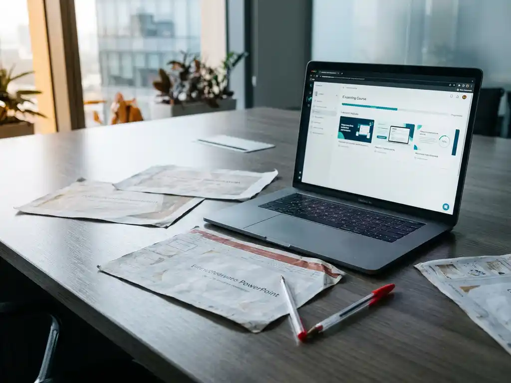 Ausgedruckte PowerPoint-Folien mit rotem Stift neben einem Laptop mit E-Learning-Kurs auf modernem Schreibtisch.