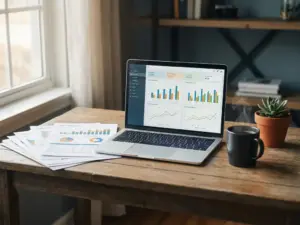 Holzschreibtisch mit aufgefächerten Berichten, Laptop mit Dashboard-Diagrammen, Kaffeetasse und kleinem Sukkulenten im natürlichen Fensterlicht.
