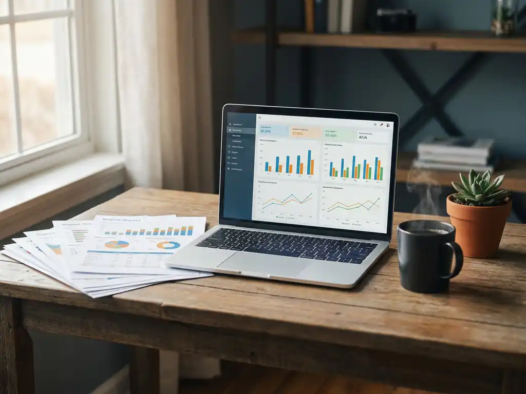 Holzschreibtisch mit aufgefächerten Berichten, Laptop mit Dashboard-Diagrammen, Kaffeetasse und kleinem Sukkulenten im natürlichen Fensterlicht.
