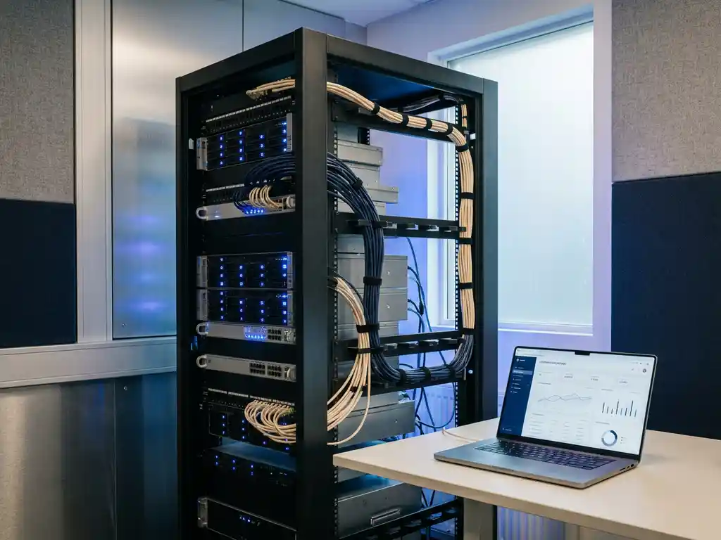 Serverrack in modernem IT-Raum neben Laptop mit Lern-Dashboard, blaue LEDs und ordentlich verlegte Ethernet-Kabel.