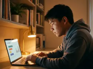Junger Student an leuchtendem Laptop in gemütlicher Leseecke, warmes Licht beleuchtet konzentriertes Gesicht, Bücherregal und Pflanze im Hintergrund.