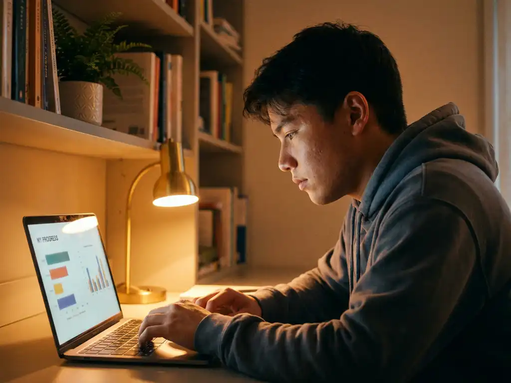 Junger Student an leuchtendem Laptop in gemütlicher Leseecke, warmes Licht beleuchtet konzentriertes Gesicht, Bücherregal und Pflanze im Hintergrund.