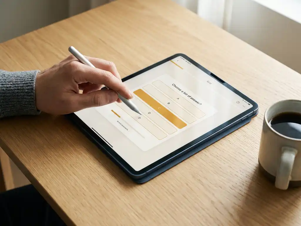 Hand mit Stylus tippt auf ein Quiz-Interface auf einem Tablet, daneben eine Kaffeetasse auf hellem Eichenholz-Schreibtisch.