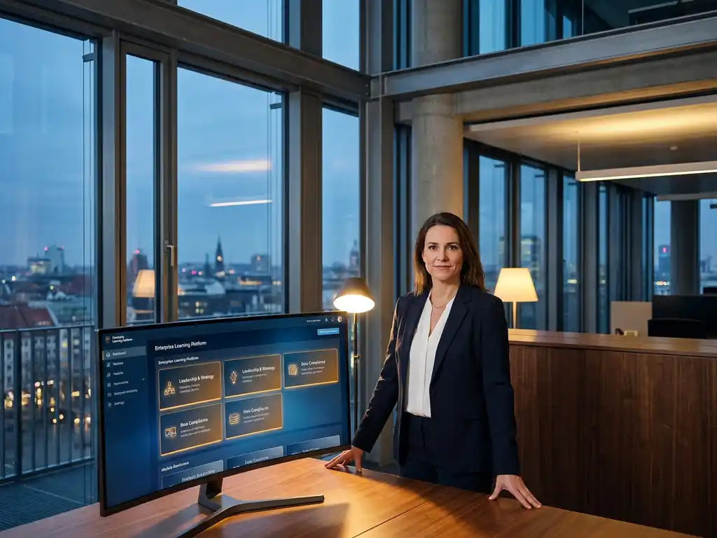 Geschäftsprofi in Business-Kleidung überprüft Enterprise-Lernplattform auf großem Monitor in modernem Büro mit Stadtpanorama.