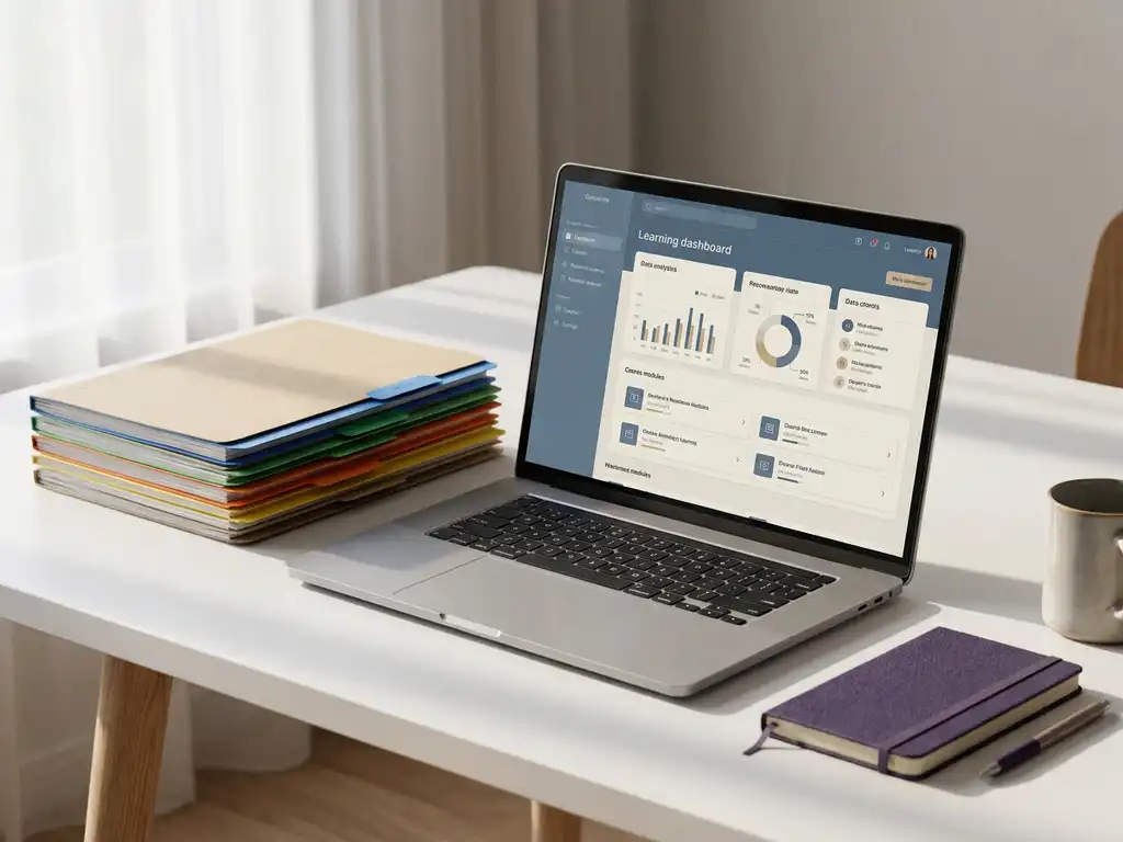 Laptop mit Corporate-Learning-Dashboard neben farbcodierten HR-Ordnern und lila Notizbuch auf weißem Schreibtisch.