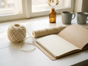 Verwirrtes Wollknäuel wird auf weißem Schreibtisch entwirrt, daneben aufgeschlagenes Notizbuch im warmen Morgenlicht.
