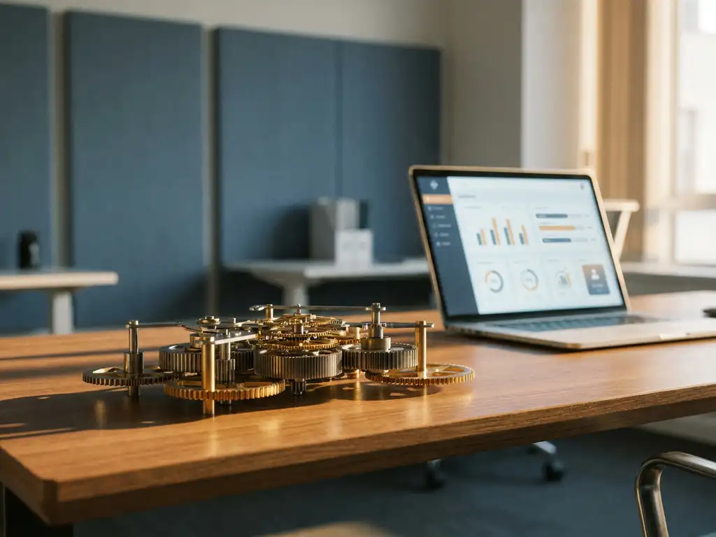 Ineinandergreifende Metallzahnräder auf modernem Schreibtisch mit leuchtendem Laptop-Dashboard im Hintergrund, warmes Seitenlicht.