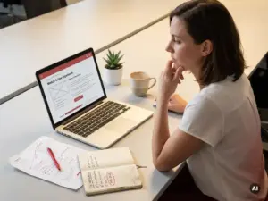 Kursdesigner pausiert am modernen Schreibtisch mit Laptop, rotem Notizbuch und halbvollem Kaffeebecher.