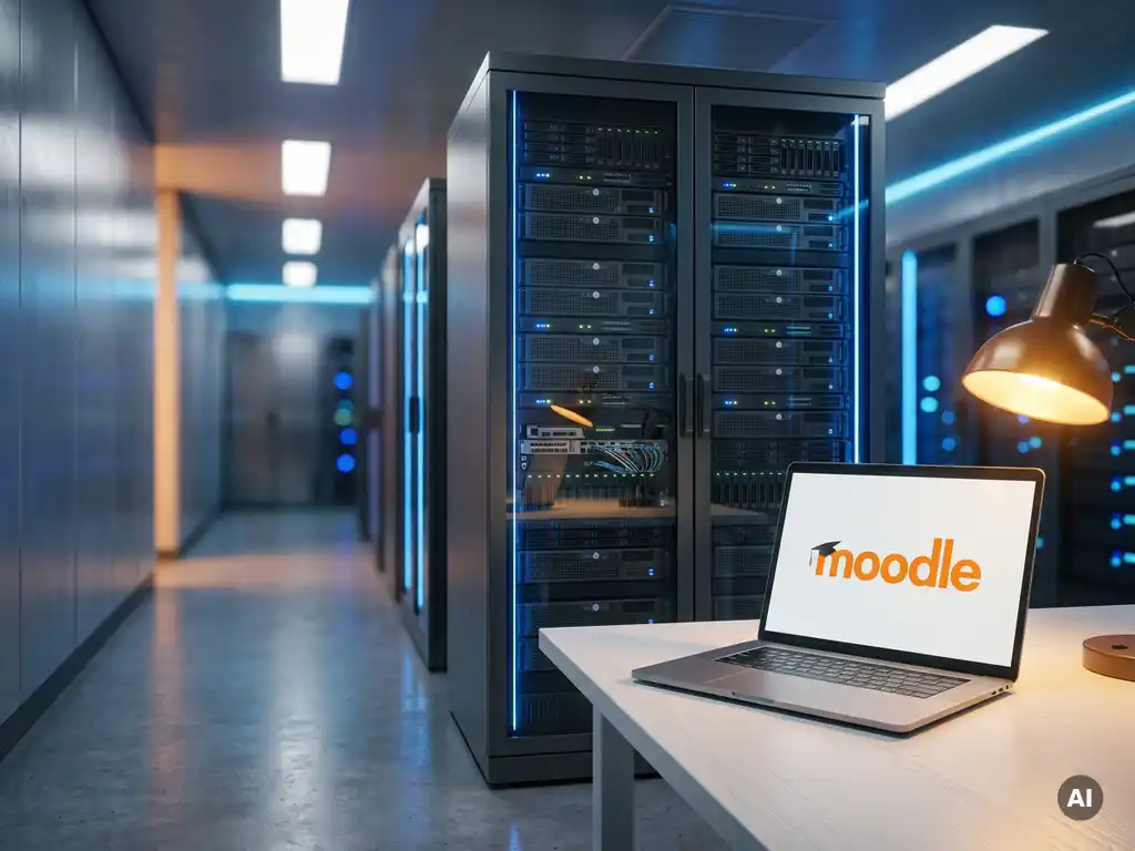 Serverrack in modernem Rechenzentrum neben aufgeklapptem Laptop, professionelle Atmosphäre in Stahlblau und Bernsteinton.