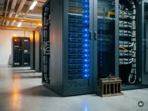 Serverrack in deutschem Rechenzentrum mit Brandenburger Tor-Miniatur, präzises Kabelmanagement, stählerne Industrieumgebung.