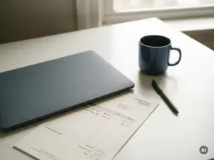 Unternehmensrechnung mit unerwarteten Posten liegt unter einem Laptop auf einem weißen Schreibtisch, Kaffeetasse und Stift daneben.