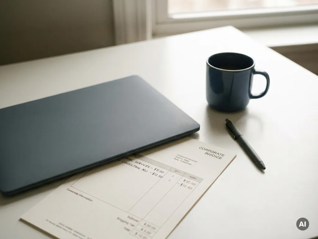 Unternehmensrechnung mit unerwarteten Posten liegt unter einem Laptop auf einem weißen Schreibtisch, Kaffeetasse und Stift daneben.