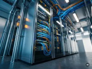 Modernes Server-Rack in einem Rechenzentrum mit leuchtenden Ethernet-Kabeln in blau-ambientem Licht.