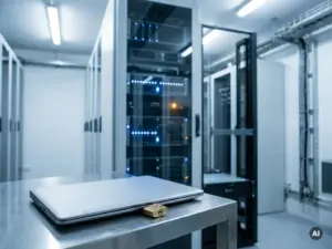 Serverrack in deutschem Rechenzentrum mit Kombinationsschloss auf zugeklapptem Laptop, stahlblaue Töne mit warmem Umgebungslicht.