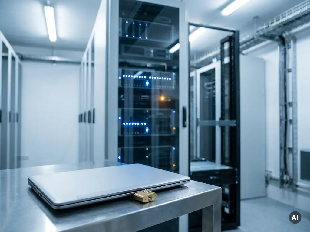 Serverrack in deutschem Rechenzentrum mit Kombinationsschloss auf zugeklapptem Laptop, stahlblaue Töne mit warmem Umgebungslicht.